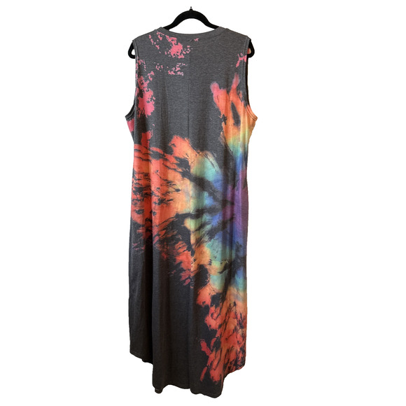 Boho Rainbow Tie Dye Maxi Asymmetric Dress Women's Plus 2XL Cozy Lounge Beach - Picture 2 of 7